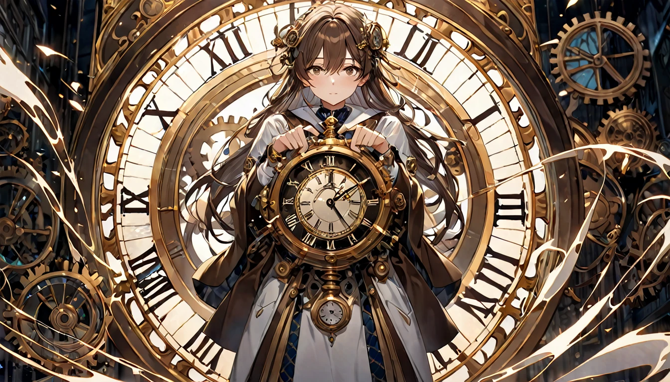 **235. One person。The watchmaker who controls time。mysterious＋Elegant。Cowboy shot or close-up。  
masterpiece, best quality, ultra detailed (Detailed fingers), (Emotional), (Breathtakingly beautiful),  
(main part: 1.2 Whole body。), (Anime Style), (Very detailed), (Time manipulation),  
(超High resolution, High resolution), (8k), (High resolution: 1.2), (Complex and beautiful: 1.2)**
- background: Inside an old watch shop、The clock hanging on the wall ticks away。
- character: A watchmaker in a costume with intricate gears。
-pose: Gears in hand、Holding his hands as if he were manipulating time。
-expression: With calm eyes、It is imbued with knowledge that seems to see through the flow of time.。
- Effects: The hands of the clock stop moving、Time stands still around her。
-color: Gold and Brown、Colors that emphasize the antique atmosphere。
