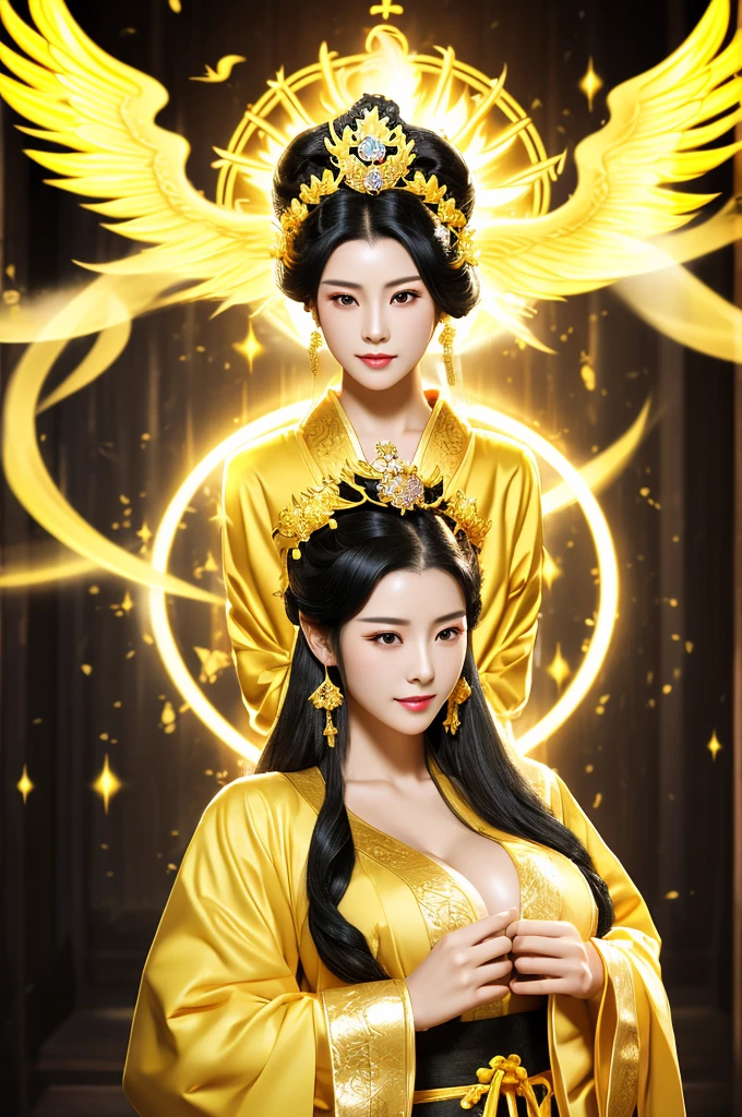 Black Hair, Immortal, Beauty, Royal sister, Stepmother, Gold Yellow Taoist robe, Golden Phoenix Coronet, Hair Bunch, Beautiful Breasts , Mature Woman,Sunshine