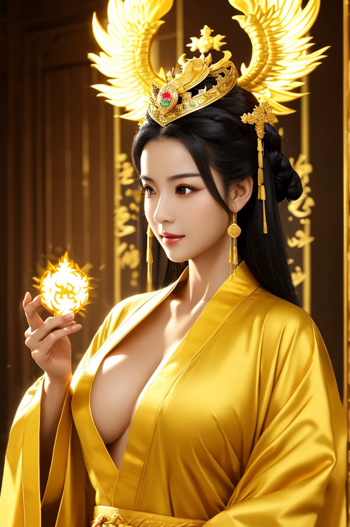 Black Hair, Immortal, Beauty, Royal sister, Stepmother, Gold Yellow Taoist robe, Golden Phoenix Coronet, Hair Bunch, Beautiful Breasts , Mature Woman,Sunshine