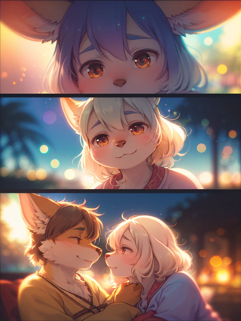 (Sumilux f1.4 50mm , low Latitude old color negative film , cross process , (bokeh), flare, chromatic aberration , soft focus, (Shallow focus) , soft glow , Maximum aperture, high Key , Transparent depiction , Tyndall) , An elderly animal couple's lovey-dovey date , A relaxed sex life , loose body