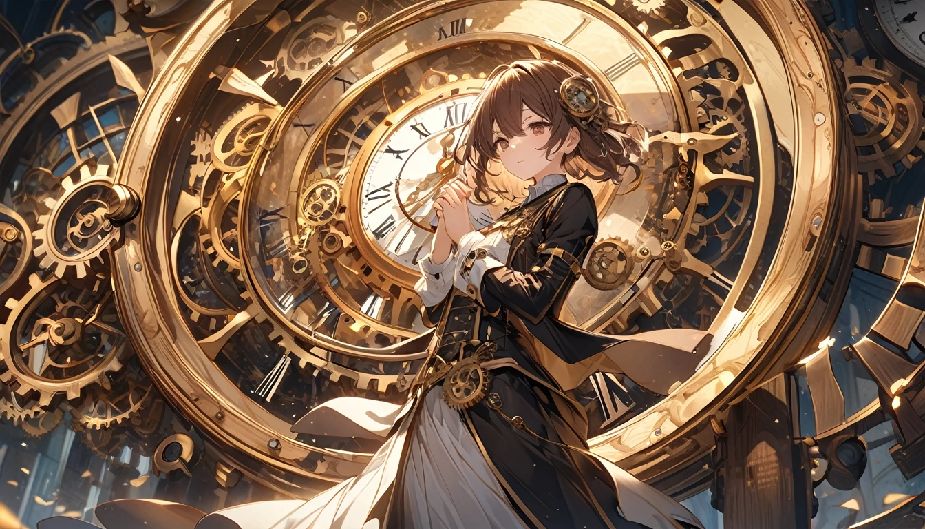 **235. One person。The watchmaker who controls time。mysterious+Elegant。Cowboy shot or close-up。
masterpiece, best quality, ultra detailed (Detailed fingers), (Emotional), (Breathtakingly beautiful),
(main part: 1.2 Whole body。), (Anime Style), (Very detailed), (Time manipulation),
(超High resolution, High resolution), (8k), (High resolution: 1.2), (Complex and beautiful: 1.2)**
- background: Inside an old watch shop、The clock hanging on the wall ticks away。
- character: A watchmaker in a costume with intricate gears。
-pose: Gears in hand、Holding his hands as if he were manipulating time。
-expression: With calm eyes、It is imbued with knowledge that seems to see through the flow of time.。
- Effects: The hands of the clock stop moving、Time stands still around her。
-color: Gold and Brown、Colors that emphasize the antique atmosphere。