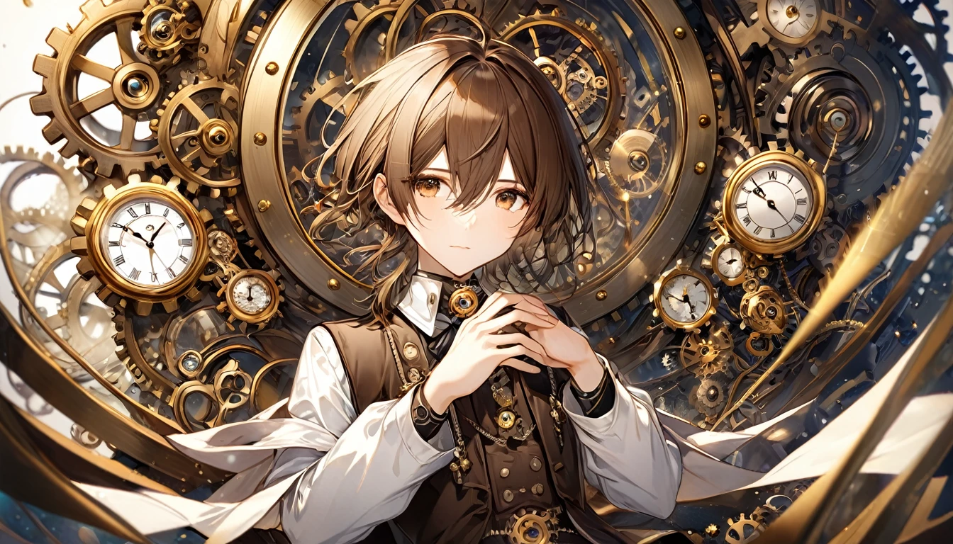 **235. One person。The watchmaker who controls time。mysterious＋Elegant。Cowboy shot or close-up。  
masterpiece, best quality, ultra detailed (Detailed fingers), (Emotional), (Breathtakingly beautiful),  
(main part: 1.2 Whole body。), (Anime Style), (Very detailed), (Time manipulation),  
(超High resolution, High resolution), (8k), (High resolution: 1.2), (Complex and beautiful: 1.2)**
- background: Inside an old watch shop、The clock hanging on the wall ticks away。
- character: A watchmaker in a costume with intricate gears。
-pose: Gears in hand、Holding his hands as if he were manipulating time。
-expression: With calm eyes、It is imbued with knowledge that seems to see through the flow of time.。
- Effects: The hands of the clock stop moving、Time stands still around her。
-color: Gold and Brown、Colors that emphasize the antique atmosphere。
