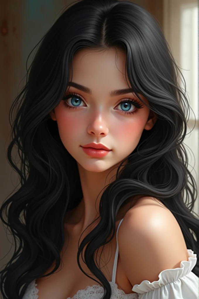 Brunette girl , long black wavy hair,blue eyes, upturned nose