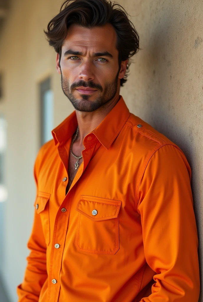 handsome man in orange clothes leaning against the wall