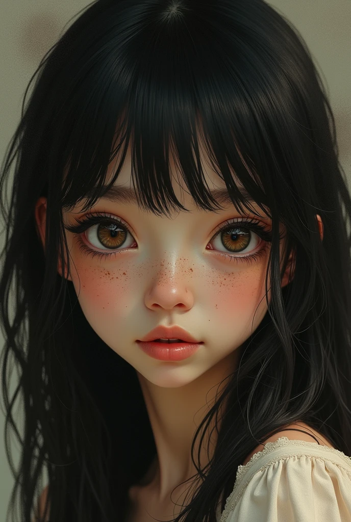 Black hair, semi-long, straight, with bangs, double eyelids, brown freckles and moles on face, slightly large nose, small face