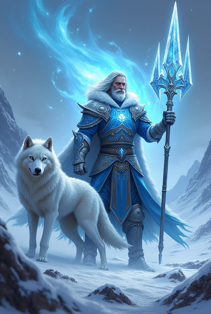 Frost mage wielding a spear controlling ice storm and with frost wolf