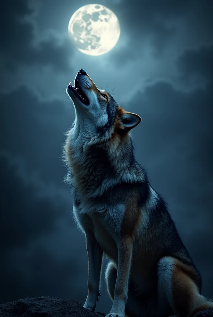 A wolf close up shoot, he is howling underneath a full moon