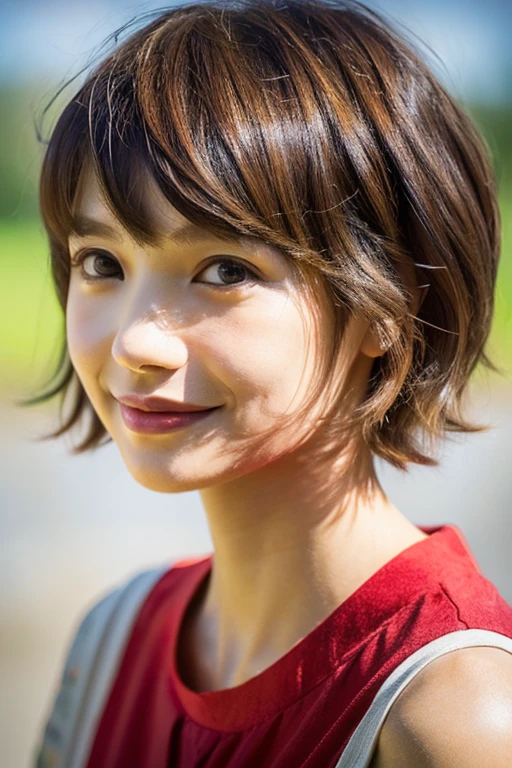 young girl, Messy Hair, Bob Cut, (broad jawline:1.5), Asian eyes, Medium Hair, Plump, thin eyebrows, Half Smile, fair skin, no makeup, Blouse, Standing, Sunlight, (photo realistic:1.55) , Physically Based Rendering