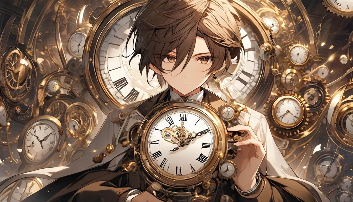 **235. One person。The watchmaker who controls time。mysterious+Elegant。Cowboy shot or close-up。
masterpiece, best quality, ultra detailed (Detailed fingers), (Emotional), (Breathtakingly beautiful),
(main part: 1.2 Whole body。), (Anime Style), (Very detailed), (Time manipulation),
(超High resolution, High resolution), (8k), (High resolution: 1.2), (Complex and beautiful: 1.2)**
- background: Inside an old watch shop、The clock hanging on the wall ticks away。
- character: A watchmaker in a costume with intricate gears。
-pose: Gears in hand、Holding his hands as if he were manipulating time。
-expression: With calm eyes、It is imbued with knowledge that seems to see through the flow of time.。
- Effects: The hands of the clock stop moving、Time stands still around her。
-color: Gold and Brown、Colors that emphasize the antique atmosphere。