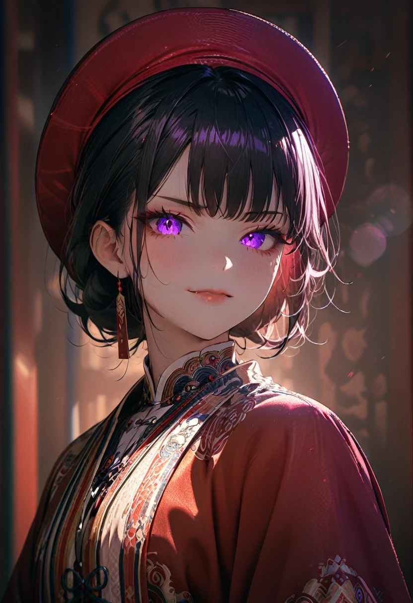 (masterpiece, best quality:1.2), super detailed, extreme detailed, portrait, 1girl, solo, beautiful face, short black hair with bang, glowing purple eyes, detailed eyes, pretty lipstick, spider fangs, smirk, evil expression, standing, nhat binh clothing, hat, long sleeves, wide sleeves, white fog background, East Asia Theme, soft focus, ((cowboy shot)), look at the viewer, tilt head, lens flare, DeepNegative_xl_v1