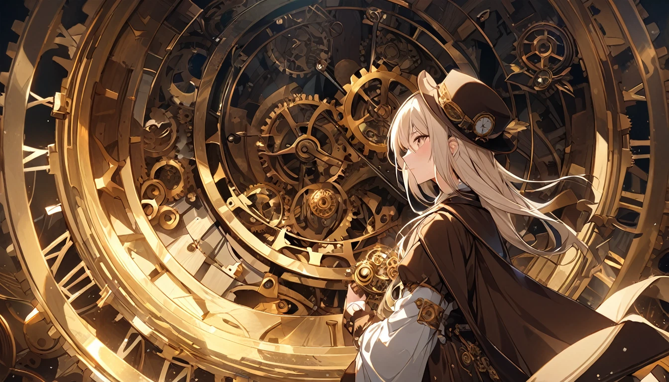 **235. One person。The watchmaker who controls time。mysterious＋Elegant。Cowboy shot or close-up。  
masterpiece, best quality, ultra detailed (Detailed fingers), (Emotional), (Breathtakingly beautiful),  
(main part: 1.2 Whole body。), (Anime Style), (Very detailed), (Time manipulation),  
(超High resolution, High resolution), (8k), (High resolution: 1.2), (Complex and beautiful: 1.2)**
- background: Inside an old watch shop、The clock hanging on the wall ticks away。
- character: A watchmaker in a costume with intricate gears。
-pose: Gears in hand、Holding his hands as if he were manipulating time。
-expression: With calm eyes、It is imbued with knowledge that seems to see through the flow of time.。
- Effects: The hands of the clock stop moving、Time stands still around her。
-color: Gold and Brown、Colors that emphasize the antique atmosphere。
