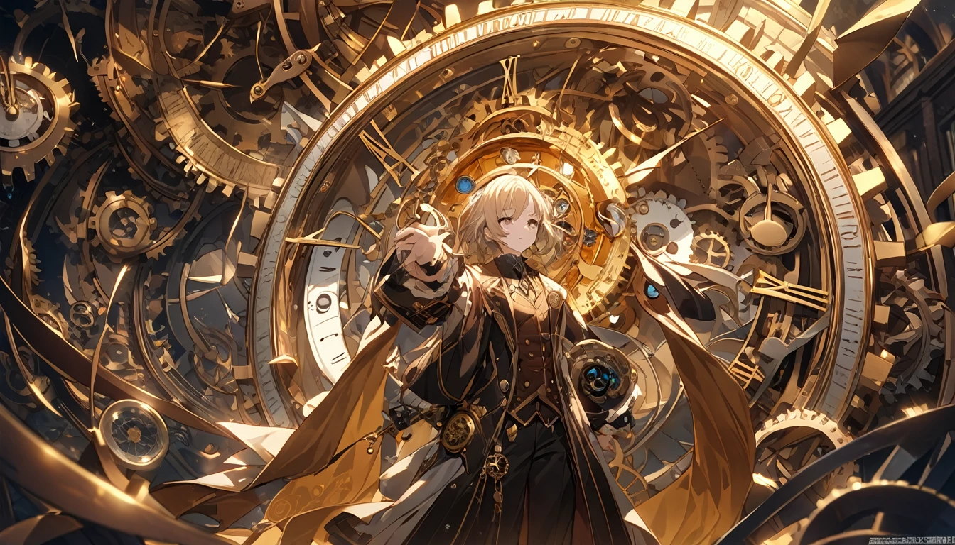 **235. One person。The watchmaker who controls time。mysterious＋Elegant。Cowboy shot or close-up。  
masterpiece, best quality, ultra detailed (Detailed fingers), (Emotional), (Breathtakingly beautiful),  
(main part: 1.2 Whole body。), (Anime Style), (Very detailed), (Time manipulation),  
(超High resolution, High resolution), (8k), (High resolution: 1.2), (Complex and beautiful: 1.2)**
- background: Inside an old watch shop、The clock hanging on the wall ticks away。
- character: A watchmaker in a costume with intricate gears。
-pose: Gears in hand、Holding his hands as if he were manipulating time。
-expression: With calm eyes、It is imbued with knowledge that seems to see through the flow of time.。
- Effects: The hands of the clock stop moving、Time stands still around her。
-color: Gold and Brown、Colors that emphasize the antique atmosphere。
