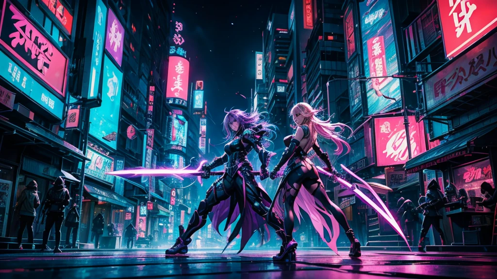 Vibrant, futuristic anime-style illustration set in a neon-lit cityscape. The layout features a central female character with purple hair, wearing a white and black outfit, holding a glowing sword. She stands confidently amidst floating debris and energy beams. Surrounding her are two other characters, one with long green hair and another with long blonde hair, both wielding weapons. The background is filled with colorful neon signs in various shapes and sizes, displaying text in different languages. The overall scene is dynamic and action-packed, with a strong emphasis on lighting and movement. The artist's name, 'SAYUKI,' is displayed in white text in the upper right corner.