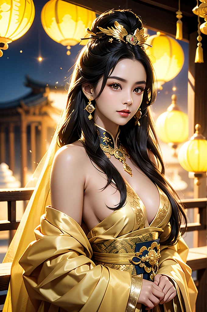 Black Hair, Immortal, Beauty, Royal sister, Stepmother, Gold Yellow Taoist robe, Golden Phoenix Coronet, Hair Bunch, Beautiful Breasts , Mature Woman,Sunshine