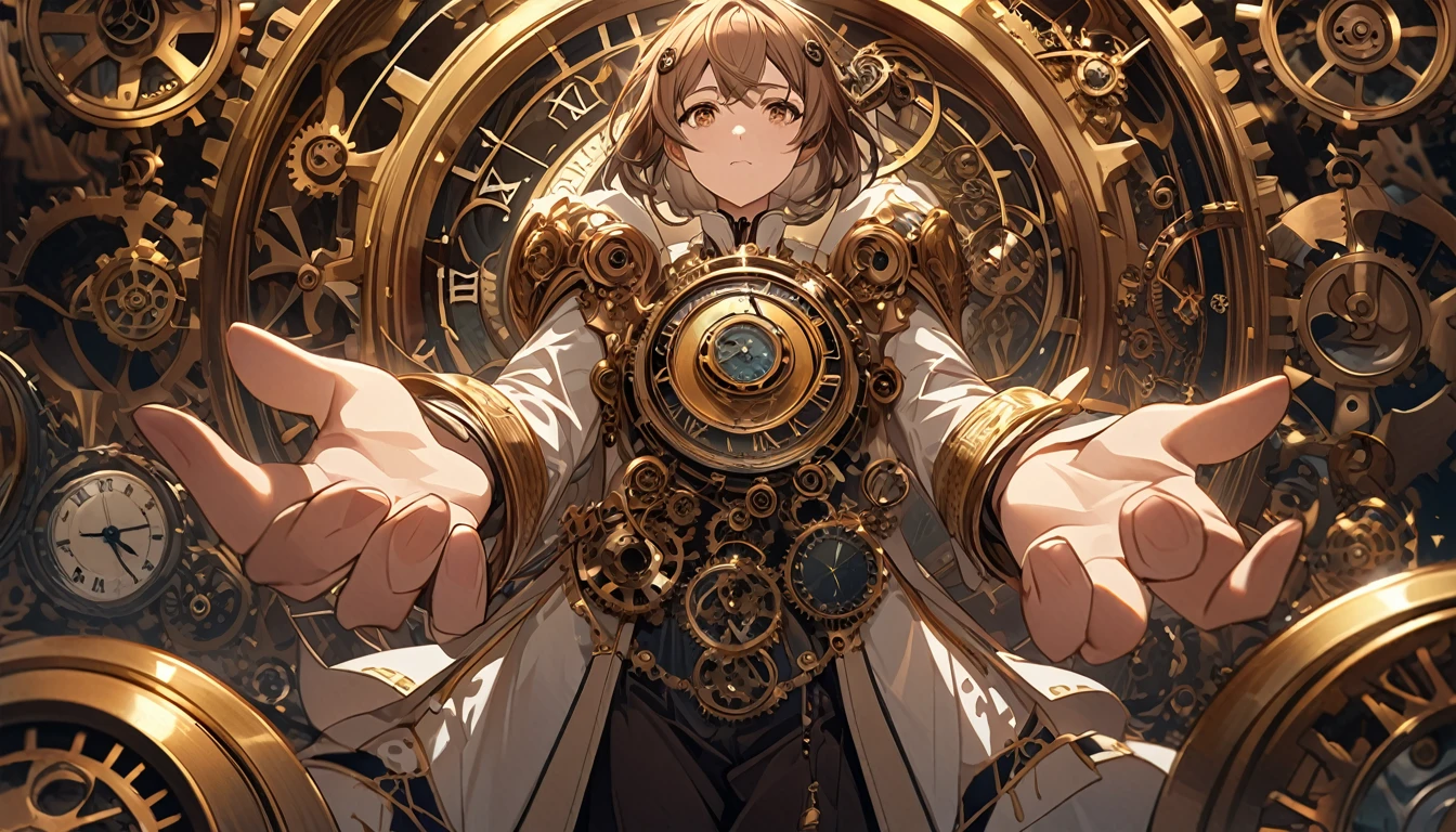 **235. One person。The watchmaker who controls time。mysterious+Elegant。Cowboy shot or close-up。
masterpiece, best quality, ultra detailed (Detailed fingers), (Emotional), (Breathtakingly beautiful),
(main part: 1.2 Whole body。), (Anime Style), (Very detailed), (Time manipulation),
(超High resolution, High resolution), (8k), (High resolution: 1.2), (Complex and beautiful: 1.2)**
- background: Inside an old watch shop、The clock hanging on the wall ticks away。
- character: A watchmaker in a costume with intricate gears。
-pose: Gears in hand、Holding his hands as if he were manipulating time。
-expression: With calm eyes、It is imbued with knowledge that seems to see through the flow of time.。
- Effects: The hands of the clock stop moving、Time stands still around her。
-color: Gold and Brown、Colors that emphasize the antique atmosphere。