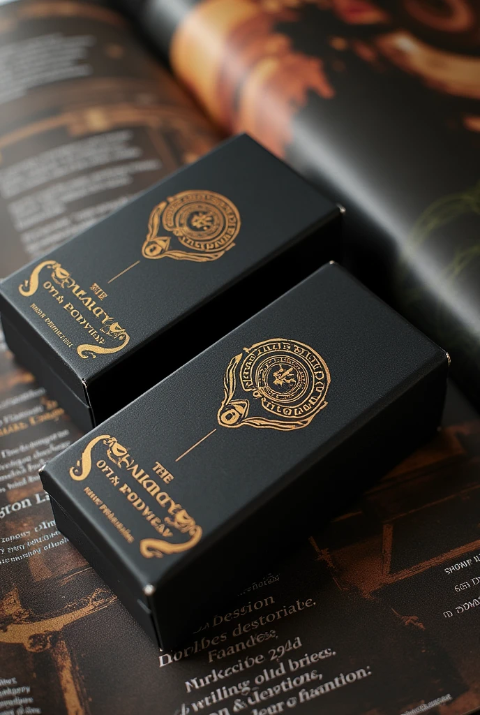  perfume boxes with logo with name Olympian Odyssey a unique design lying down showing in top angle, as if it were in a magazine. create a background scenario.