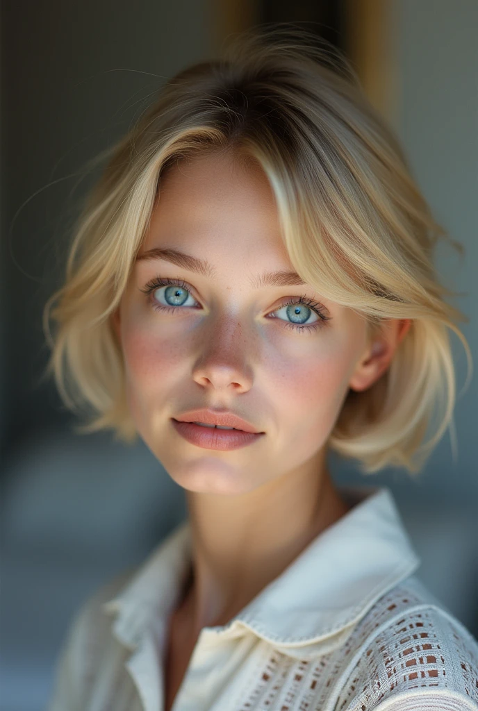 Bright expression、Photorealism、Highest quality、Ultra-high resolution、The most beautiful Scandinavian girls photos、Cute and beautiful face details、Small face、、Big Breasts、thin、17 years old、Translucent white skin、Big bright blue eyes、Short Bob、Cowboy Shot