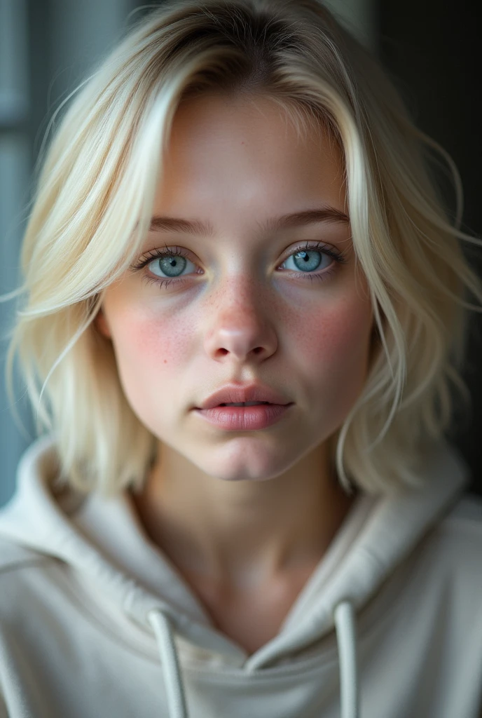 Bright expression、Photorealism、Highest quality、Ultra-high resolution、The most beautiful Scandinavian girls photos、Cute and beautiful face details、Small face、、Big Breasts、thin、17 years old、Translucent white skin、Big bright blue eyes、Short Bob、Cowboy Shot