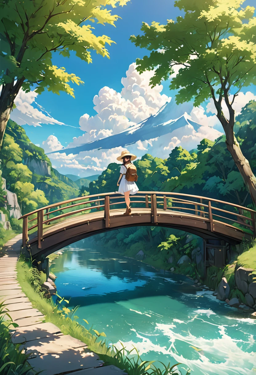 Blue sky and cumulonimbus clouds、A wooden suspension bridge over a beautiful fast flowing river in the forest、Wooden suspension bridge、A girl with bob hair wearing a straw hat、White shirt、White Skirt、Brown short boots、Rear view of a girl carrying a khaki backpack、Trying to cross the bridge、The wind is blowing、Anime scenery of a bridge over a river with a sky background, beautiful Anime scenery wallpaper, Anime scenery, Anime Nature, Anime Nature wallpap, Anime Background art, Anime Background, Beautiful peaceful scenes in anime, Beautiful anime scene, Wallpaper Anime Blue Water, Anime countryside landscape, Detailed Landscape — Width 672, Landscape painting