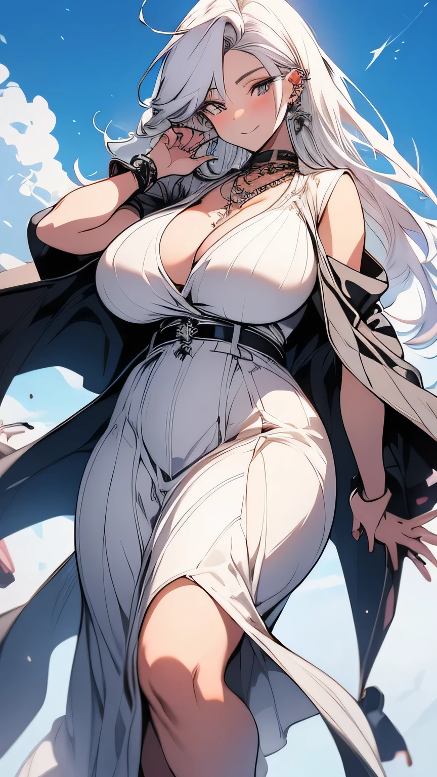 Best quality, high detailed, 8K quality, 4k resolution, stunning japanese girl, white hair, necklace and piercing, gorgeous face, huge breast, curvy body, wearing Erotic Elegant Maxi Dress: With a cropped jacket and wedge sandals, playful expression, pose with both hands, random hairstyle