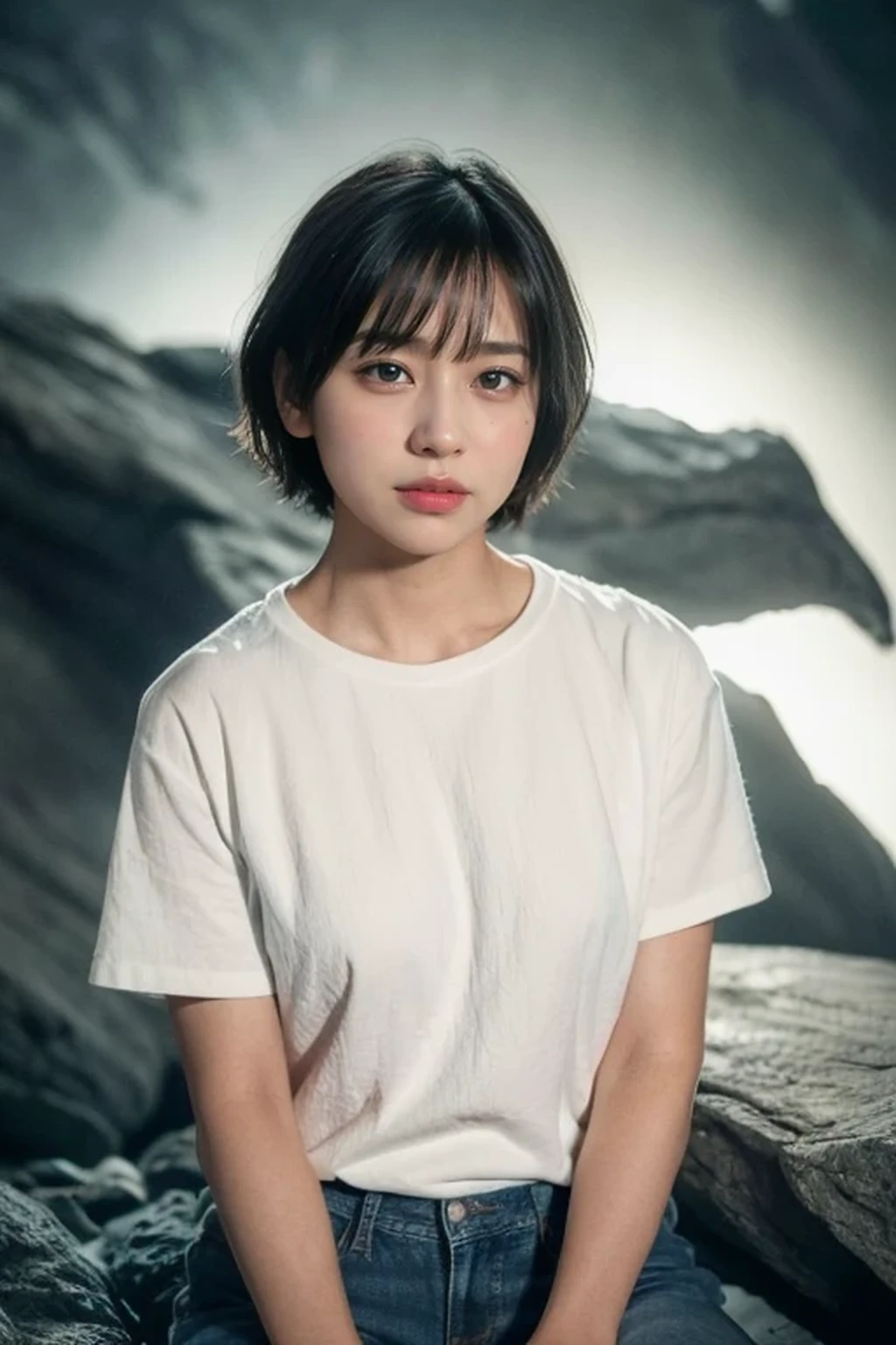photograph of a woman, (troubled facial expression), textured skin, goosebumps, white t-shirt with jeans, cowboy shot, dark and mysterious cave with unique rock formations and hidden wonders, perfect eyes, (candlelight, chiaroscuro), Porta 160 color, bokeh, sharp focus on subject, very short cut hair, rim lighting