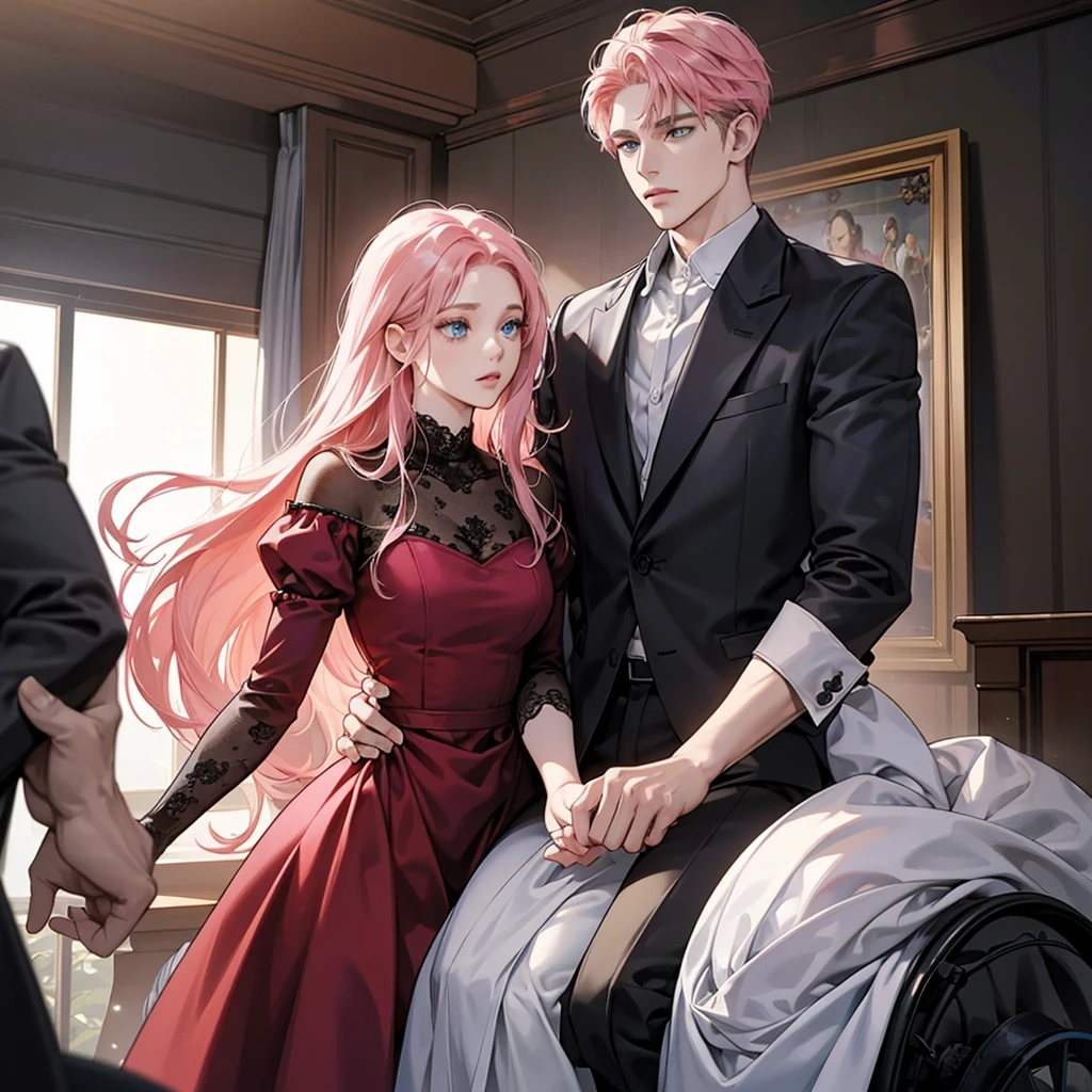 Main character: Aaron, with long pink hair, blue eyes. She is in the center of the cover.
facial expression: A mix of surprise and confusion, reflecting the contrast between his previous life and his new situation.
outfit: Modern and current clothing, with a style that highlights her transition from a difficult life to a new life.
bottom:
Left Half: A gloomy and messy environment, representing Sara&#39;s past life, with details such as a tall building and elements that reflect sadness and abandonment.
Right Half: A luxurious and elegant environment, representando la nueva vida de Aaron con su esposo en una casa de millonarios. Includes details such as luxurious furniture and a wheelchair.
Additional Elements: Un contraste claro entre ambos lados para destacar el cambio radical en la vida de Aaron. Add comic details to emphasize the comedic tone of the novel..