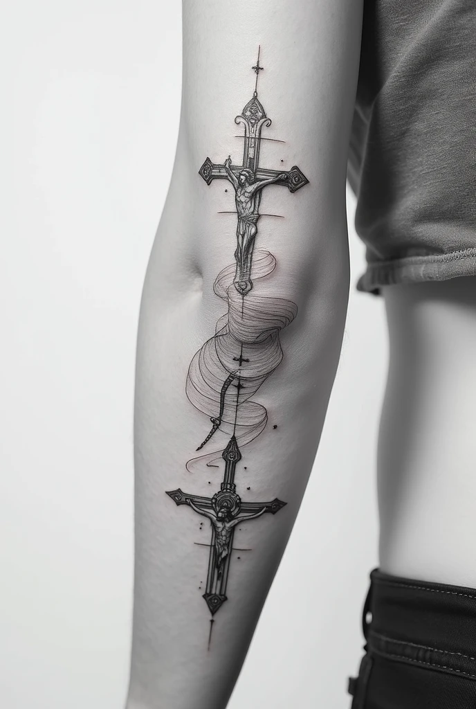 Fine line black and white Christian tattoos on the outer forearm