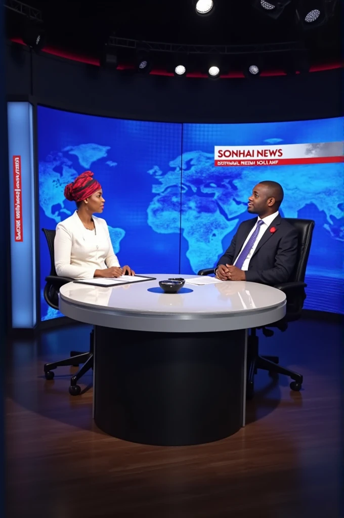 I run a media and communication consultancy firm. The name of my firm is Sarauniya Radio. Our includes setting up a Television Broadcasting services. Generate images for our firm's broadcasting station office to be in Abuja showing our staff in a Live interview with a male Nigerian politician being interviewed by an Hausa lady dress with hijab. Let the images making the the studio looks wider like CNN Newsroom while showing the name SARAUNIYA RADIO our motto is Kafar Al'umma 