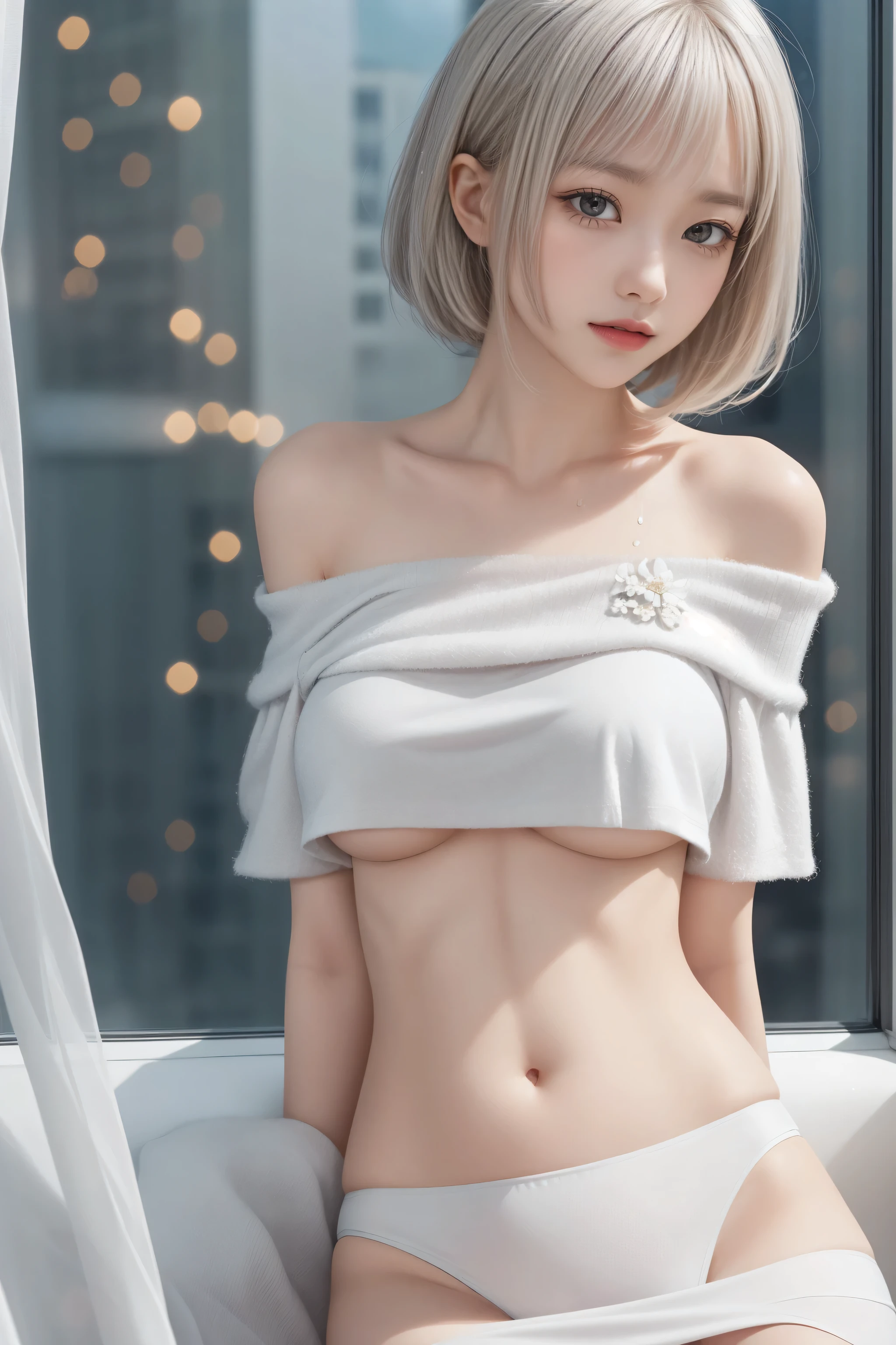reflected light、Platinum blonde hair with dazzling highlights、Shiny Hair、Super long silky straight hair、Shiny beautiful bangs、Bright, clear, attractive, large blue eyes、Very beautiful lovely cute girl、(bust of medium size)、Beautiful detailed eyes、 Beautiful detailed nose,((whole body:1.5)),Eye-emphasizing makeup、Royal Style、Comic book style、、Subsurface Scattering、Glamorous details、Nature background、Supergianthugebreasts、((Cinematic))、Dramatic Lighting、Mastepiece、((White floral off-shoulder T-shirt:1.4))、(Loose and fluffy perm:1.4)、1 girl、((Bob Hair:1.3))、超Realな8K CG、絵に描いたようなperfectionなperfectionな顔、perfection、clean、Mastepiece、Professional artwork、 Famous artwork、perfectionな顔、Beautiful Face、Beautiful eyeless female body))、solo、(Immersive atmosphere、Clare Obscure:1.5、Bright light:1.2、Bright lighting)、(blush:0.5)、Captivating look、Very detailed_eyes、Beautifully detailed backgrounds、Depth of written boundary、Real:1.3、Long Shot、Sitting、whole body、(Ambient Light:1.3)、(Cinematic composition:1.3)、(Neon Light:0.1)、(nffsw:0.1)、Accent lighting、pantyhose、((Out of the window、 Hazy skyscrapers))、(nipple)、(Puffy eyes:1.2)、(Slim legs)、(Light on face and chest)、(((((Underboob)))))、Lower chest、Oily skin、Are thin、 (The underside of the chest is slightly visible)、(I can see under my chest、Belly button and ribs visible)、The hips and lower abdomen are visible、Navy blue flared skirt、(Pull up your skirt)、((White thong panties are visible))、Mature Woman、Light blue hair、((Light grey hair))、(((Two-tone hair)))、Black ta dress with delicate light blue decoration、Slender women、Cute Woman、 8k Ultra HD,Detailed face、Delicate texture, Long Hair、((She's wet)),