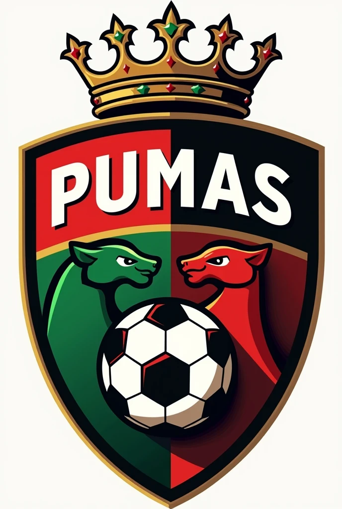 creates a football sports shield with the name pumas F.c with a red and green flag with a crown, A ball, a realistic puma animal 
 
 


