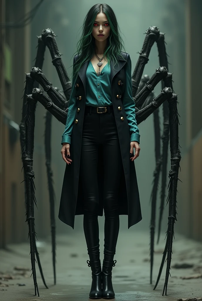 create a villain who is a
Beautiful arachnid humanoid with long hair that reaches to her waist, tied in black with green highlights. She wears a jacket that reaches to her knees with buckles. She has a dress shirt with long blue sleeves, also with black dress pants with black boots. He also has 6 completely red eyes and has spider legs on his back that are large and
He has a necklace in the shape of a spider. His hands also have claws. His skin is gray. He also has green sunglasses. He also has