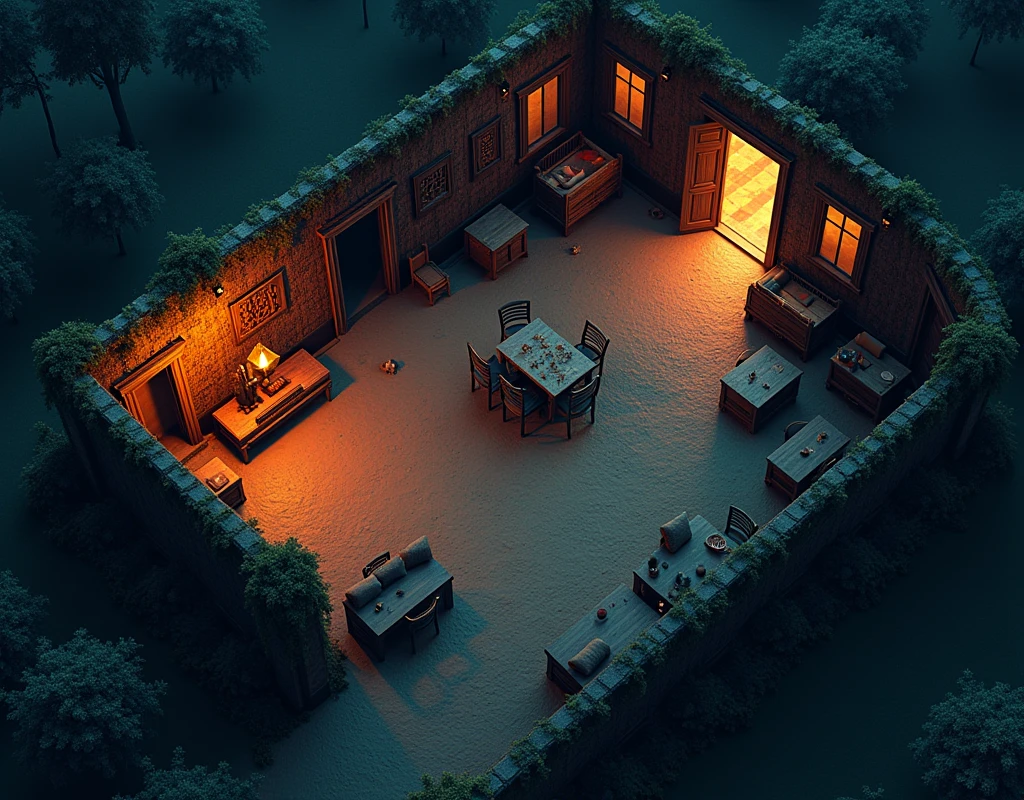 vampire the masquerade, map rpg, (map of a farm with some animals), game art, birdseye straight top-down shot from a drone, battlemap, current modern theme, seen from above, role-playing game, empty location, nighttime environment, wicker furniture, (coherent architecture and interior, with realistic proportions and textures, intricate details, handdrawn, vibrant, cinematic lighting, masterpiece, 8k:1.2)