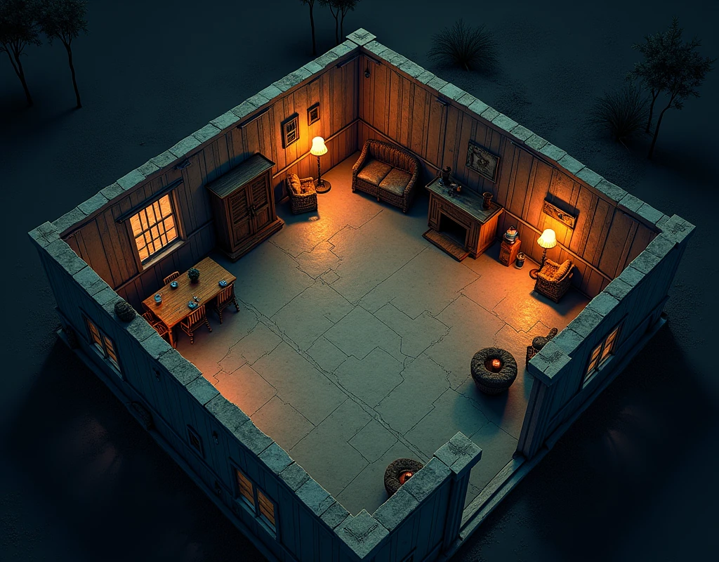 vampire the masquerade, map rpg, (map of a farm with some animals), game art, birdseye straight top-down shot from a drone, battlemap, current modern theme, seen from above, role-playing game, empty location, nighttime environment, wicker furniture, (coherent architecture and interior, with realistic proportions and textures, intricate details, handdrawn, vibrant, cinematic lighting, masterpiece, 8k:1.2)