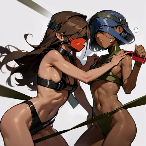 3 brown skinned naked girls wearing blindfolds and muzzle gags