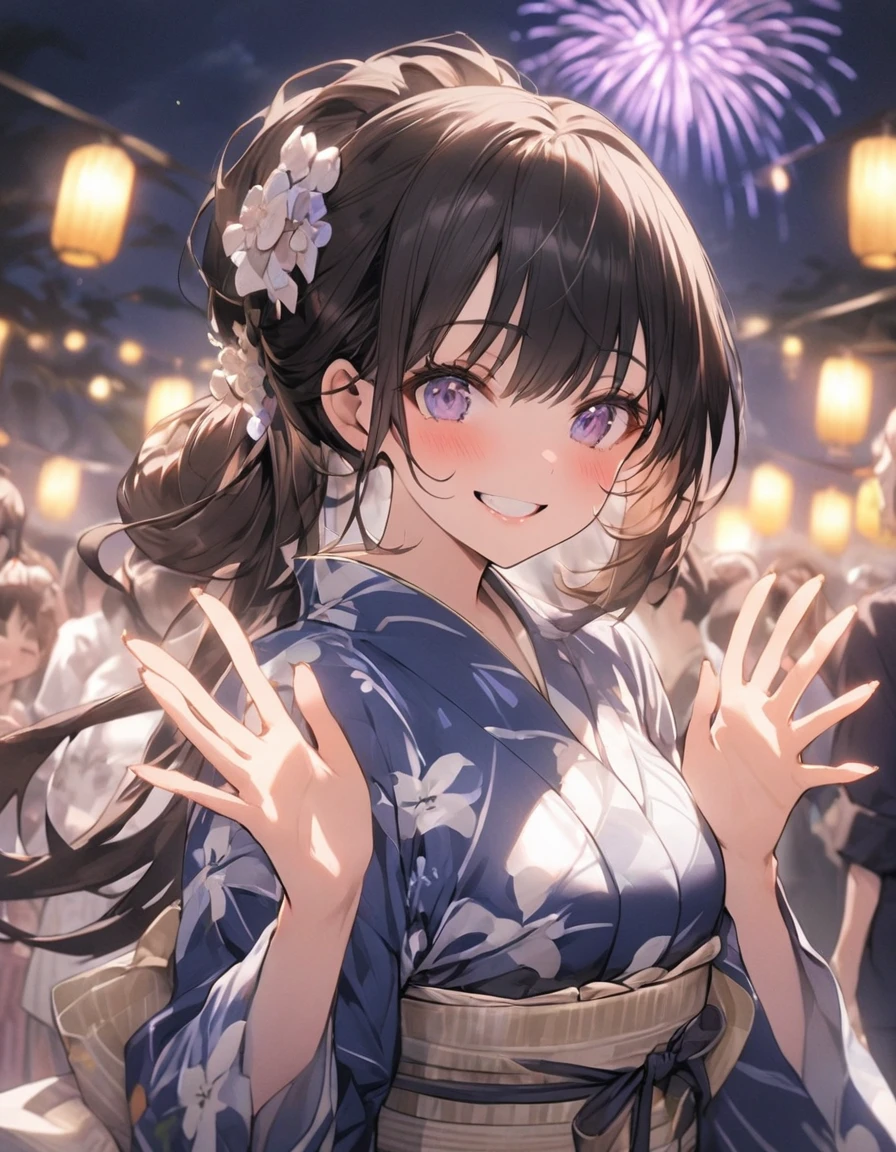 masterpiece、girl、Black Hair、Long Hair、tied hair、(((Make a heart shape with both hands)))、Summer yukata、firework、smile、Focus on the face, night background