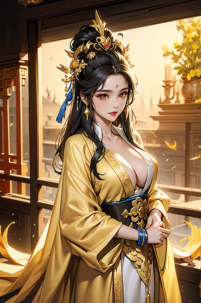 Black Hair, Immortal, Beauty, Royal sister, Stepmother, Gold Yellow Taoist robe, Golden Phoenix Coronet, Hair Bunch, Beautiful Breasts , Mature Woman,Sunshine