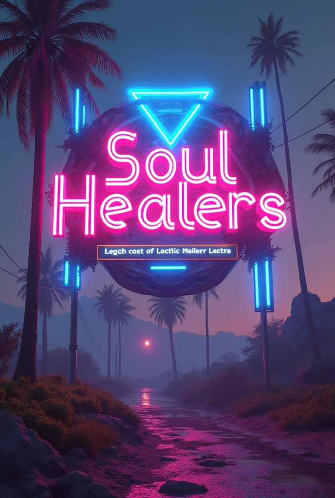 Make a sign with retrowave and vaporwave aesthetics with the legend Soul Healers 
