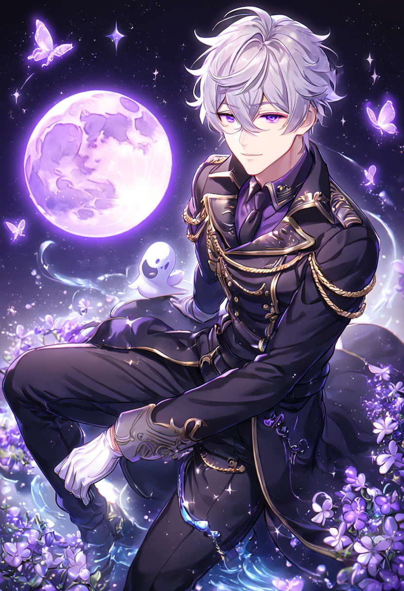 absurdres, highres, ultra detailed, HDR, master piece, best quality, Ayanami, light-gray hair, messy hair, hair between the eyes, expressive violet eyes, 07 Ghost, solo, sexy man sitting, handsome, sensual, manly man, adult face, military uniform, black coat with golden trimmings, white gloves, black military hat, black pants, fantasy, black gloves, magical, shining, purple flowers, blossoms, water, purple petals, purple butterflies, sparkling, purple moon, starry sky