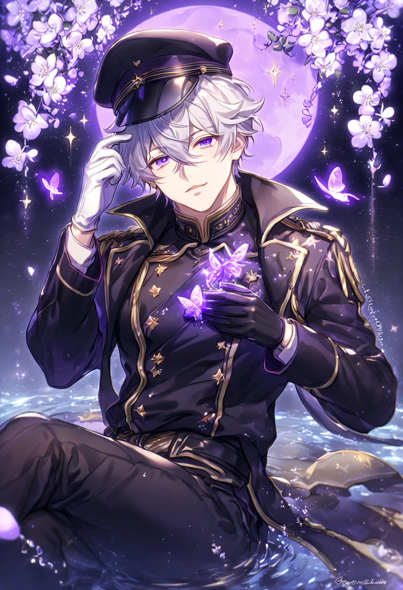 absurdres, highres, ultra detailed, HDR, master piece, best quality, Ayanami, light-gray hair, messy hair, hair between the eyes, expressive violet eyes, 07 Ghost, solo, sexy man sitting, handsome, sensual, manly man, adult face, military uniform, black coat with golden trimmings, white gloves, black military hat, black pants, fantasy, black gloves, magical, shining, purple flowers, blossoms, water, purple petals, purple butterflies, sparkling, purple moon, starry sky