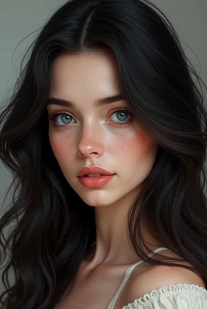 Brunette girl , long black wavy hair,blue eyes, slightly turned-up nose , Oval face