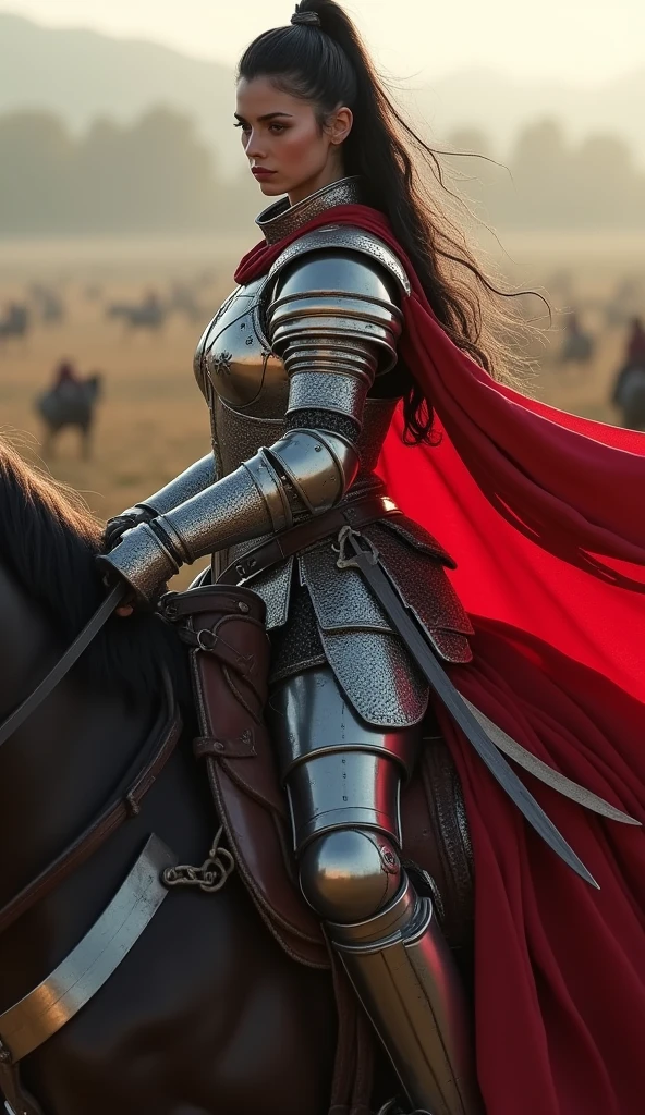 female rider wielding a sword on a battlefield , ((work of art, Maximum quality, high resolution, highly detailed 8K unified CG wallpaper)), (huge stunning photo of goddess, Very hot and sexy, jaw dropping beauty, perfect proportions, Body cute, Slim Body Beauty:1.3), (A medieval female rider in luminous armor:1.5), (Her long black hair is tied back, wearing armor, red cape on the back, used in finely crafted, detailed armor, with a sword hanging from a thick belt:1.5), visible thighs, from above view, female rider,