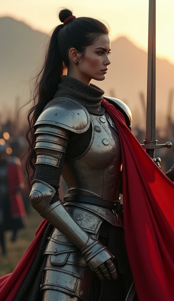 female rider wielding a sword on a battlefield , ((work of art, Maximum quality, high resolution, highly detailed 8K unified CG wallpaper)), (huge stunning photo of goddess, Very hot and sexy, jaw dropping beauty, perfect proportions, Body cute, Slim Body Beauty:1.3), (A medieval female rider in luminous armor:1.5), (Her long black hair is tied back, wearing armor, red cape on the back, used in finely crafted, detailed armor, with a sword hanging from a thick belt:1.5), visible thighs, from above view, female rider,