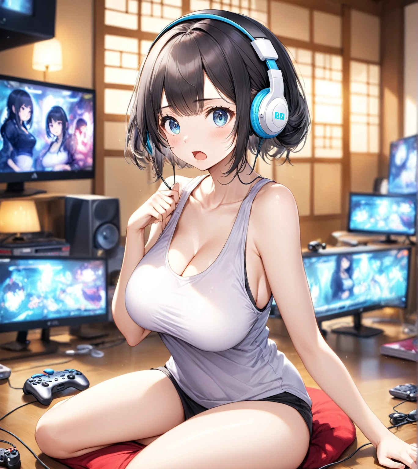 (Highest quality,8k,32K,masterpiece,Ultra-high resolution :1.2 ),born,One girl,Super cute,Natural light,Clear, shining eyes,20-year-old,Fair skin,A Japanese-style digital fantasy background,Black Hair,Tank top,Large Breasts,headphone,Have a game controller,Playing a game,Looking at the monitor,Surprised expression,Sitting cross-legged