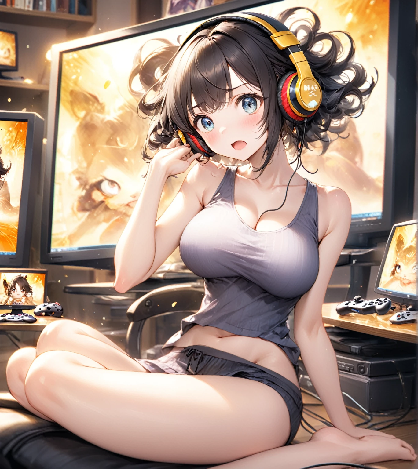 (Highest quality,8k,32K,masterpiece,Ultra-high resolution :1.2 ),born,One girl,Super cute,Natural light,Clear, shining eyes,20-year-old,Fair skin,A Japanese-style digital fantasy background,Black Hair,Tank top,Large Breasts,headphone,Have a game controller,Playing a game,Looking at the monitor,Surprised expression,Sitting cross-legged