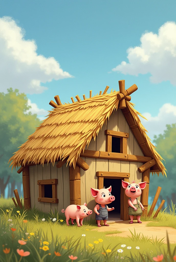 Tale of the Three Little Pigs, building a straw house
