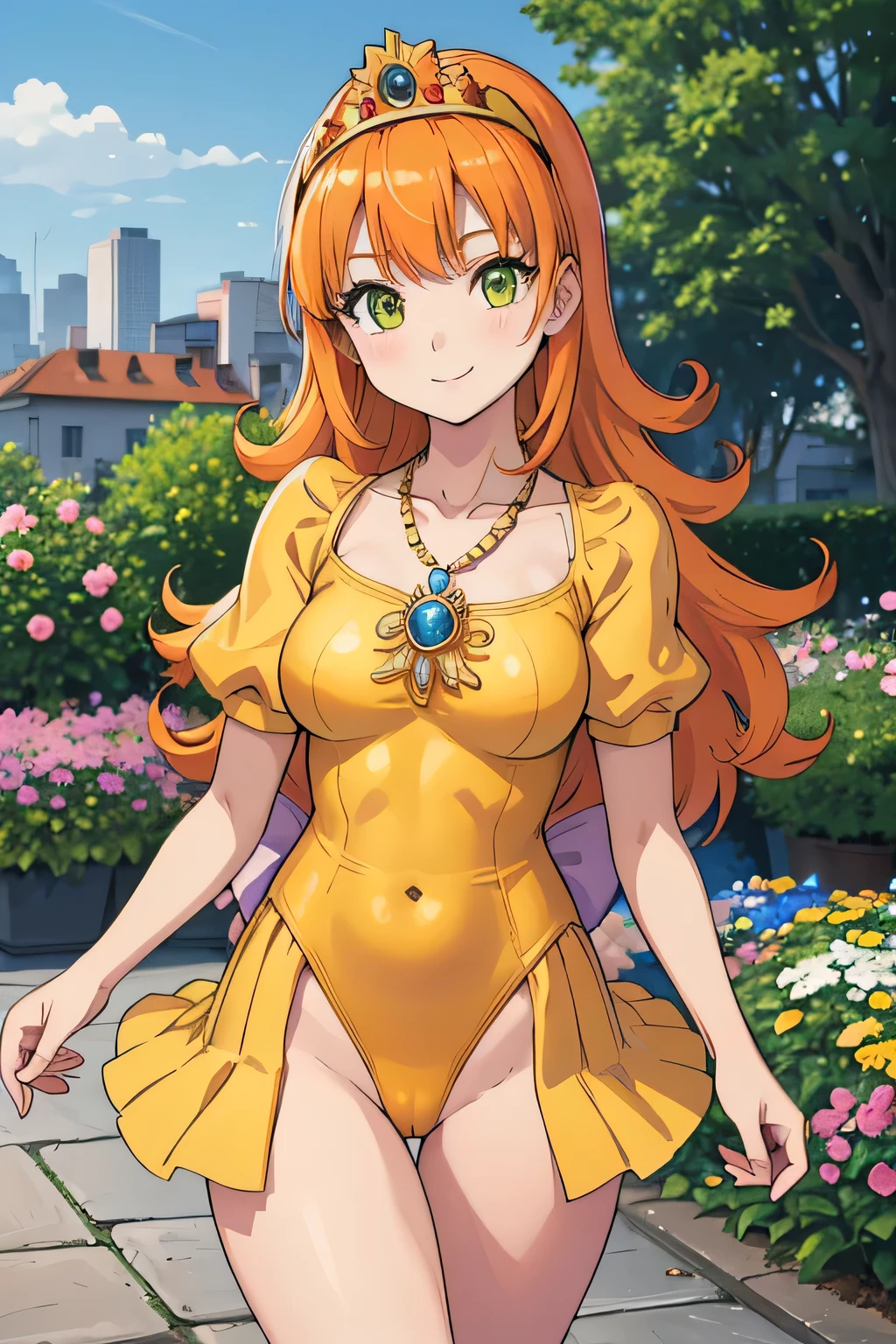 masterpiece, Highest quality, Dukraura, Orange Hair, tiara, necklace, ((Yellow leotard))、(High leg), Elbow hand pockets, Cowboy Shot, View your viewers, city, garden, null, spring, smile