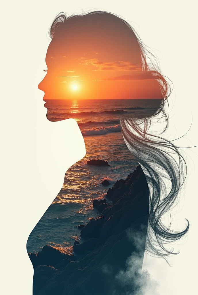 high quality, 8K Ultra HD, A beautiful double exposure that combines an goddess silhouette with sunset coast, sunset coast should serve as the underlying backdrop, with its details incorporated into the goddess , crisp lines, The background is monochrome, sharp focus, double exposure, by yukisakura, awesome full color,