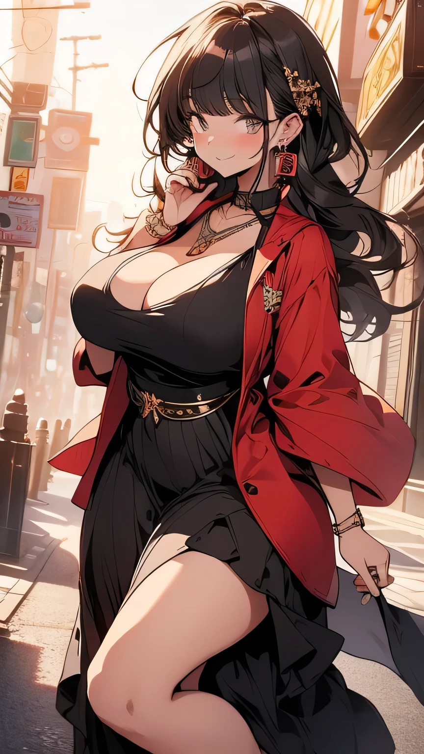 Best quality, high detailed, 8K quality, 4k resolution, stunning japanese girl, whort hair, necklace and piercing, gorgeous face, huge breast, curvy body, wearing Erotic Elegant Maxi Dress: With a cropped jacket and wedge sandals, playful expression, pose with both hands, random hairstyle