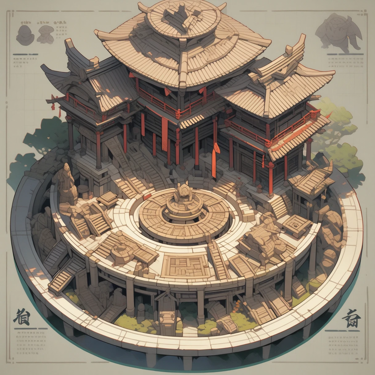 Isometric，Chinese style，Thick coating，The platform used for ancient sacrifices was circular in design.，Have complex patterns，There are two stone figures similar to gargoyles or statues on the edge，They are part of the structure that supports the chain。