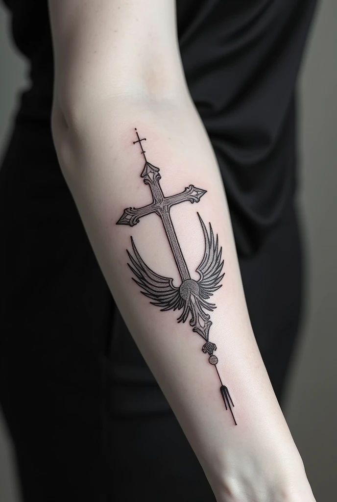 Fine line black and white Christian tattoos on the outer forearm